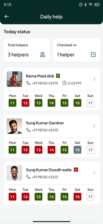 Bini daily-help attendance screen on a phone