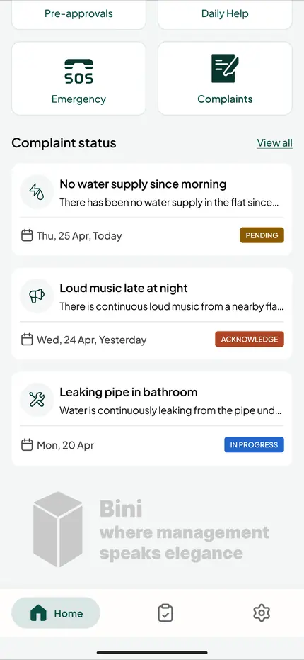 Bini complaint status screen on a phone