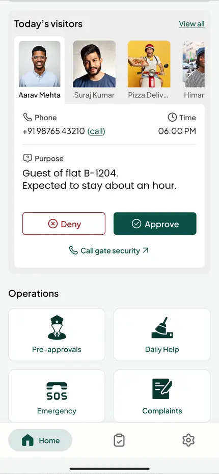 The Bini app home screen, showing today's visitors and society notices