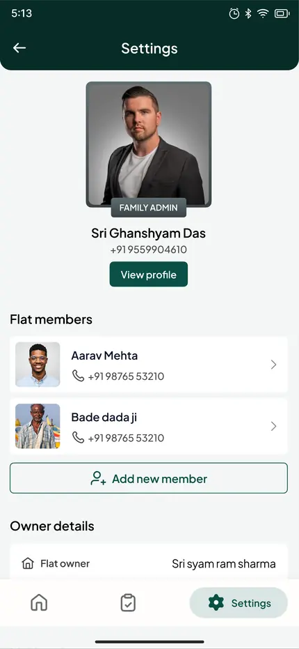 Bini flat members and owner details screen on a phone