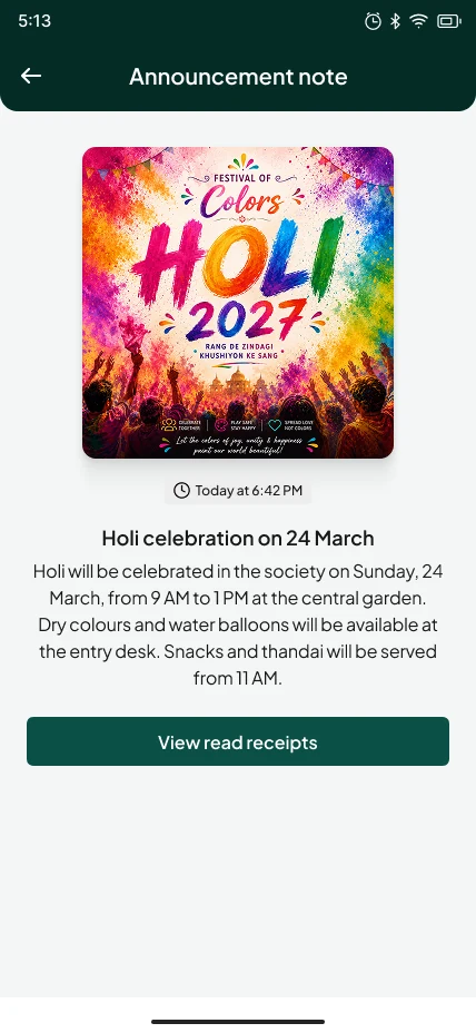 A Bini announcement note showing the poster, the date, the message and a View read receipts button