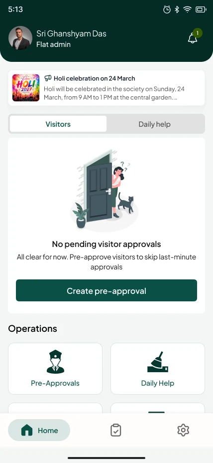 The Bini home screen with the latest society notice pinned above the visitor list