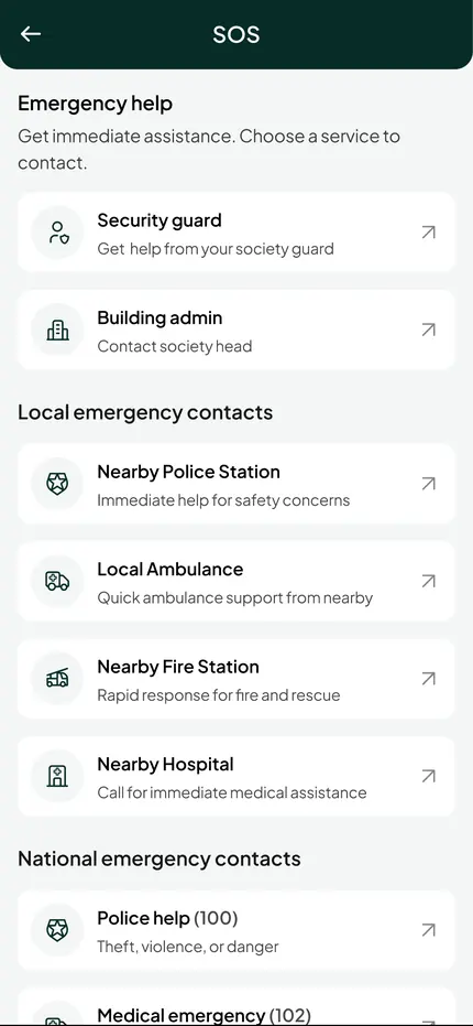 Bini emergency contacts screen on a phone