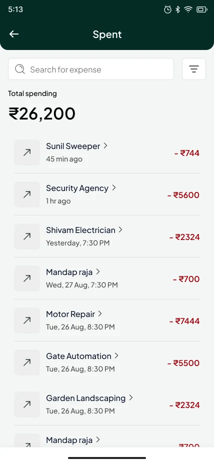 The Bini Payments screen on the Spent tab, showing total spending and an itemised list of payments out with payee and time
