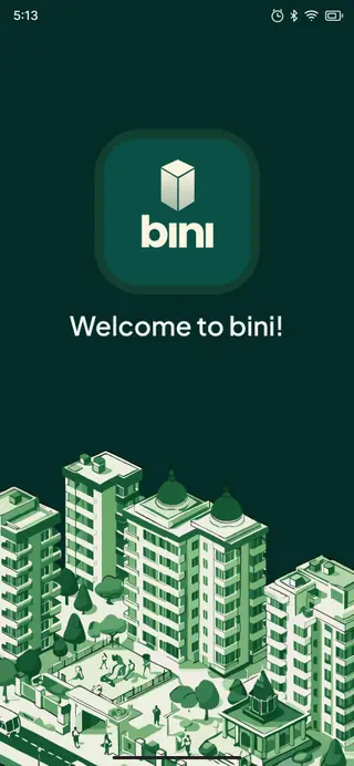 The Bini app opening on a phone: a welcome screen with the Bini mark above an illustration of a housing society